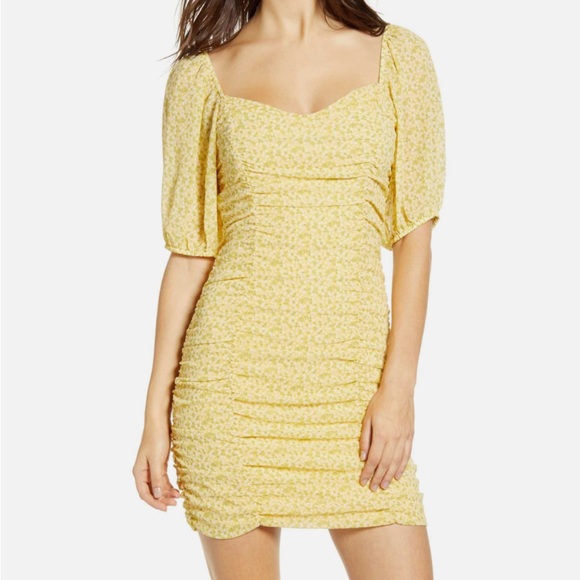 All in Favor Dresses & Skirts - All in Favor Sasha Yellow Floral Ruched Mini Dress XL